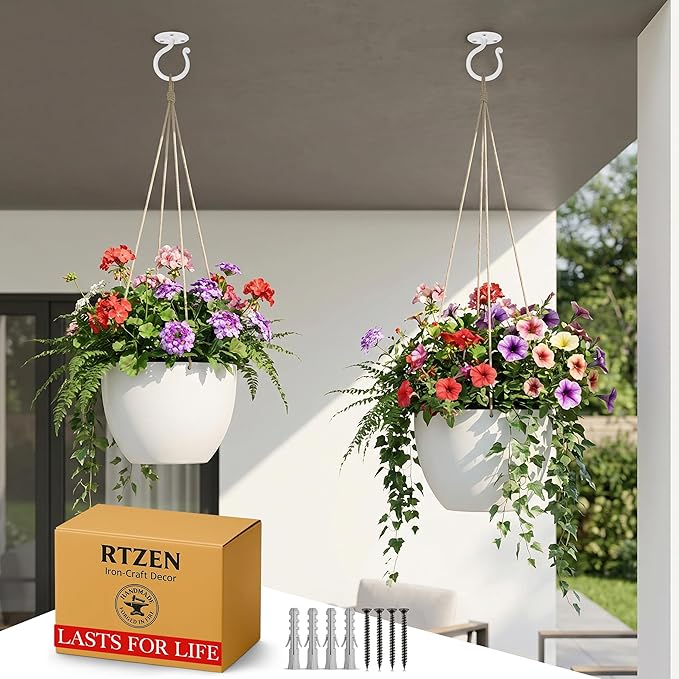 RTZEN Plant Hangers Outdoor or Indoor - Wrought Iron Metal Hanger Indoor Hook - Heavy Duty Wall Bracket Hooks for Hanging Plants Baskets Lanterns Bird Feeders - 2 Pack (White Ceiling Hooks 3.1")