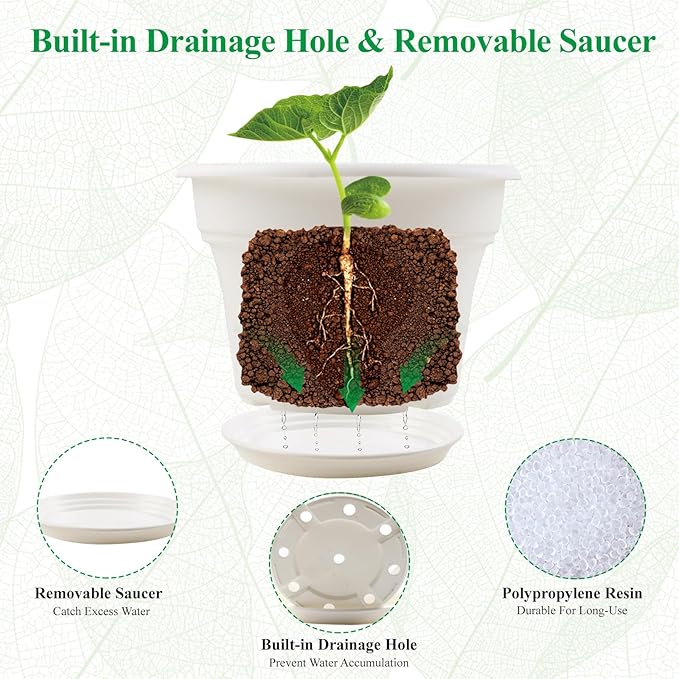 Pottiffe 6 Inch Plastic-Flower Pot-for-Indoor Plants, 6 Pack Outdoor Plant Pots with Drainage Holes & Saucers, Resin Garden Pots Planters