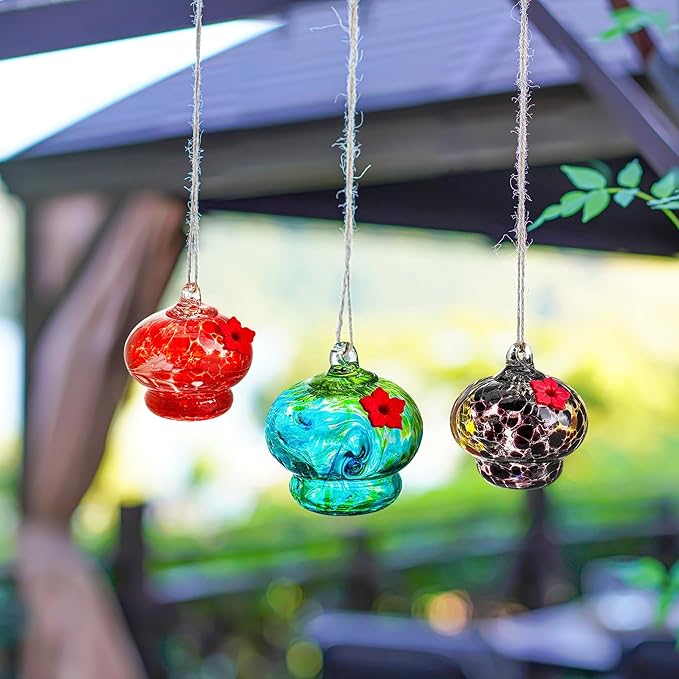 3 Pack Glass Hummingbird Feeders for Outdoors 3in Small Hand Blown Glass Bird Feeder with Flower Feeding Ports for Backyard Garden Decorations Birthday