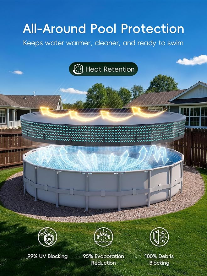 POOLHACKER 550D Pool Cover 24FT Round for Above Ground Pools [2026 Upgraded Heavy-Duty Fabric] Windproof Swimming Pool Cover with Steel Cable & Pulley System, UV Resistant