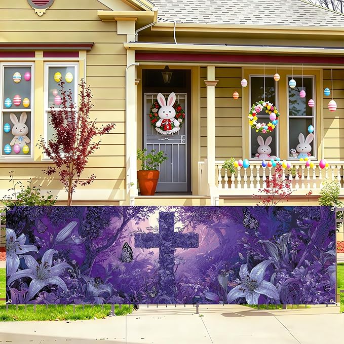 Purple Christian Cross Fence Banner 118 x 35 Inch, Large Waterproof Outdoor Religious Floral Banner with Lilies & Butterflies for Yard Church Decorations