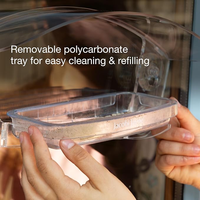Transparent Acrylic Bird House with Sliding Tray - Jacobi Jayne® Sky Deck™ Window Feeder - Strong Suction Cups Secure This Clear Design for Close-up Bird Watching from Your Home.