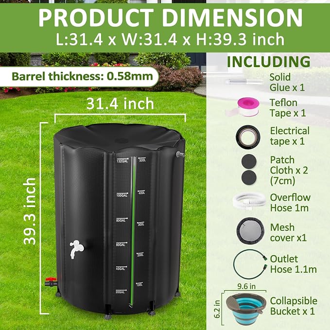 Collapsible Rain Barrel 132 Gallon, Rain Water Collection Barrel, 1000D PVC Rainwater Collection System with Mesh Cover Accessory (Bright Black 132 Gallon)