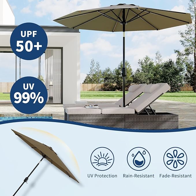 Garvee 9 ft Patio Umbrella - 8 Sturdy Ribs Outdoor Table Umbrella with Crank Lift & Push Button Tilt - Market Umbrella for Pool, Deck, Yard, Garden - Taupe