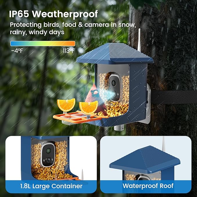 Bird Feeder with Camera 2K, 1 Year Free AI Identify 10,000+ Species 1.8L Birds Feeder Camera Bird Feeders for Outdoors Solar Powered IP65 Instant Alert, Auto Record Video Ideal Gift for Nature Lovers