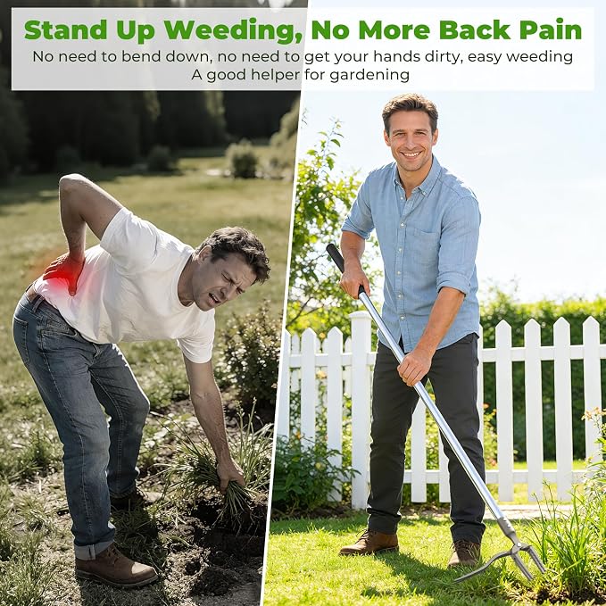Manual Weed Puller Tool, 47" One-Piece No Assembly Stainless Steel Garden Weeder with Long Handle, Stand Up Heavy Duty Weeding Tool for Lawn Patio Yard Dandelion Root Removal Without Kneeling