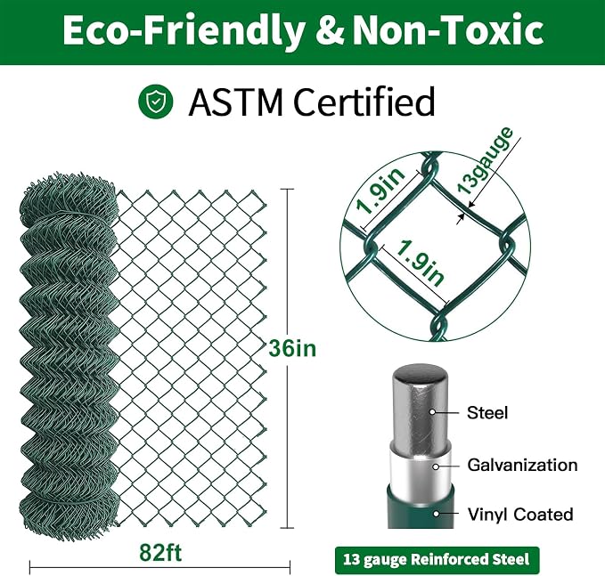Amagabeli PVC Green Vinyl Coated Galvanized Steel Chain Link Fence Fabric 36inch x 82ft 13Gauge Diamond Mesh Wire Fencing Roll for Residential Commercial Property Protection Security Athletic Field