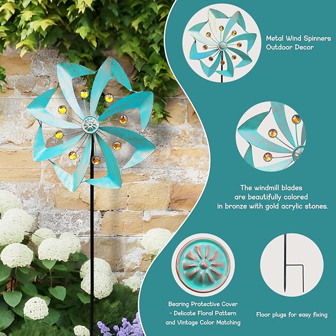 Metal Wind Spinners Outdoor, 360° Yard Wind Spinner Outdoor with Stake, Kinetic Windmill for Yard and Garden, Lawn, Patio, 33.5"× 10" (Green Copper)