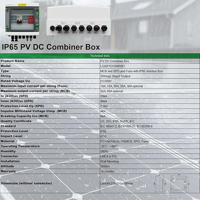 2 String Solar PV Combiner Box IP65 2 in 1 Out DC500V 63A Circuit Breaker with Surge Protector and 30A PV Fuse,Solar Disconnect Switch Outdoor Waterproof for Solar Panels System