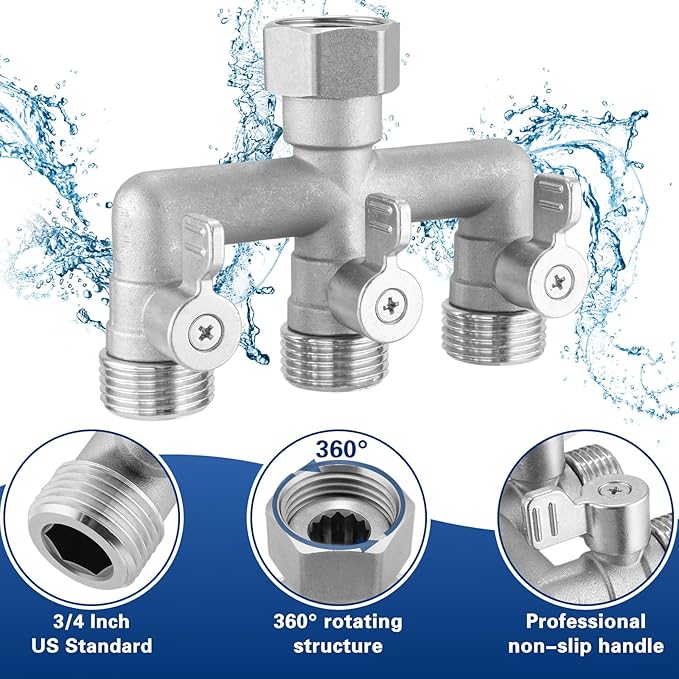 304 Stainless Steel 3 Way Garden Hose Splitter, Heavy Duty Hose Bib Splitter with 3 Shut Off Valves, High Flow Outdoor Faucet Splitter, 3/4" GHT Water Hose Connector for Garden, Yard, Irrigation