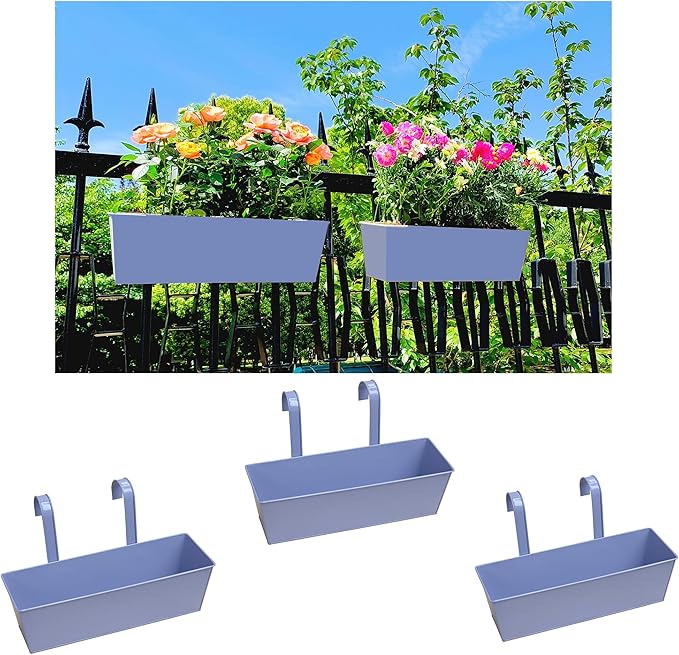 Cornasee 16.3" Purple Hanging Planter for Fence/Balcony/Window, 3-Pack Railing Planters Vintage Flower Pot with Detachable Hooks for Strawberry,Herb,Cactus (Violet)