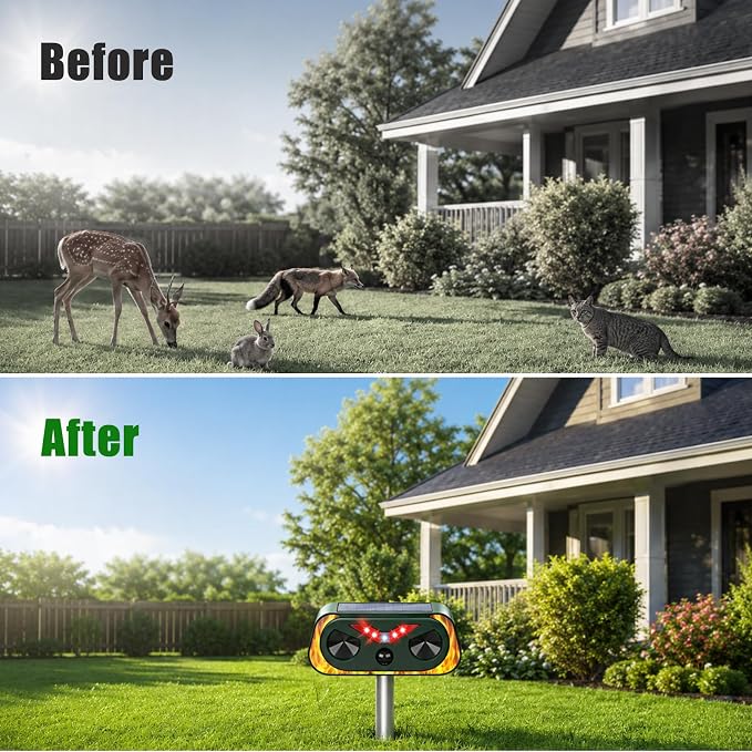 2026 Upgraded Solar Ultrasonic Animal Repellent Outdoor, Waterproof Deer Cat Dog Squirrel Raccoon Rabbit Deterrent with Motion Sensor & Flashing Light for Yard Garden Lawn Farm (4-Pack)