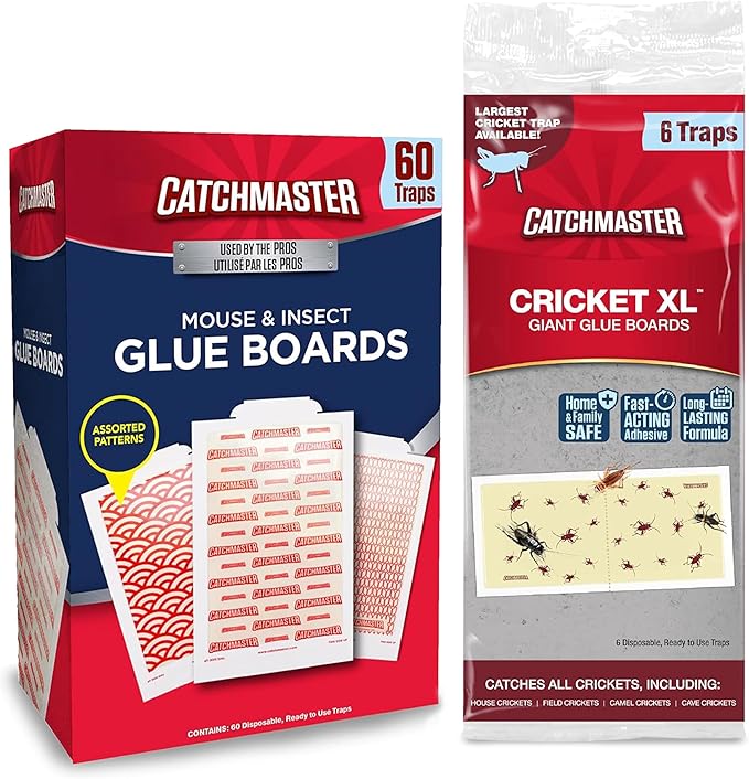 Catchmaster Pro Strength Mouse & Insect Glue Board Set, 60pk & Cricket XL Giant Glue Boards 6pk, Mouse Traps Indoor for Home, Pet Safe House Pest Control