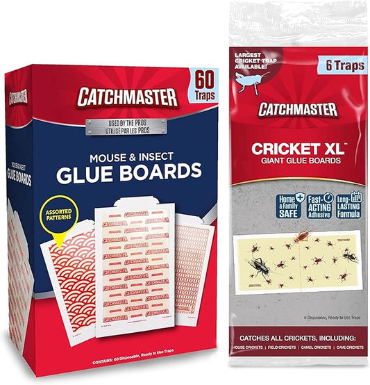 Catchmaster Pro Strength Mouse & Insect Glue Board Set, 60pk & Cricket XL Giant Glue Boards 6pk, Mouse Traps Indoor for Home, Pet Safe House Pest Control