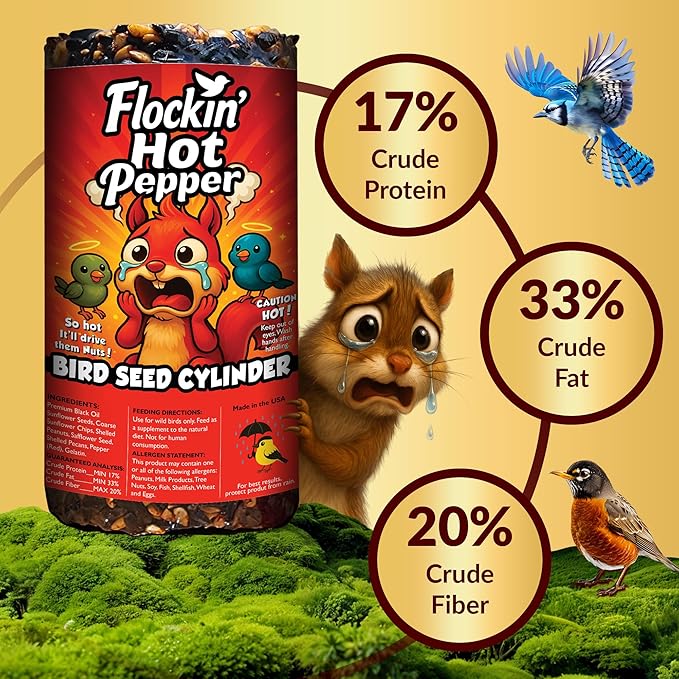 Hot Pepper Bird Seed Cylinders with Hole – Squirrel Proof Bird Seed Spicy – Perfect for Cardinals, Woodpeckers, Finches, Blue Jay & More – Wild Birdseed with No Filler – USA Made (6" x 7.75")