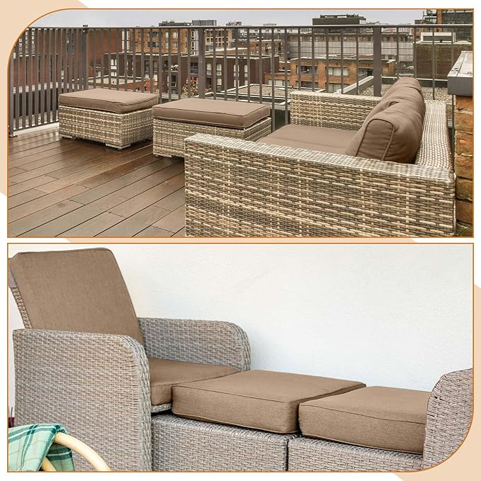 DoubleFill 2 Pcs Outdoor Ottoman Cushion 23"x19"x3" Waterproof Fade Resistant Outdoor Footstools Cushion Removable Patio Ottoman Cushions with Adjustable Fixing Strap for Stool (Light Brown)