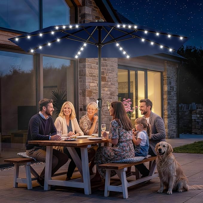 AreShark 11FT Large Patio Umbrella with Solar Lights, Lighted Solar Umbrella with Crank, Outdoor Table Market Umbrellas for Garden, Deck, Backyard, Pool and Beach, Navy