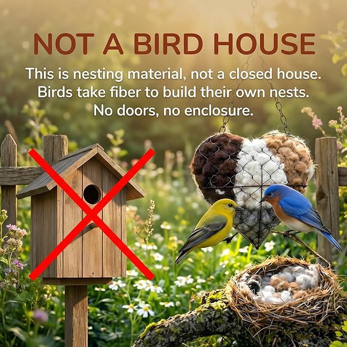Handmade Alpaca Fiber Bird Nesting Heart – Refillable Bird Haven with 4 Nesting Material Refill Bags – Eco-Friendly Hanging Nest for Hummingbirds & Wild Birds, Garden & Yard Décor (2Sets)