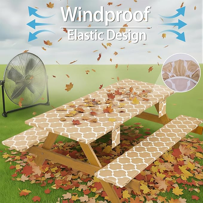 Fitted Waterproof Picnic Table Cover with Bench Covers Elastic Edges Camping Tablecloth for 6 Foot Rectangle Tables Camp Cooking Motorhome Party Equipment Car Rv Travel Trailer Needs Gifts