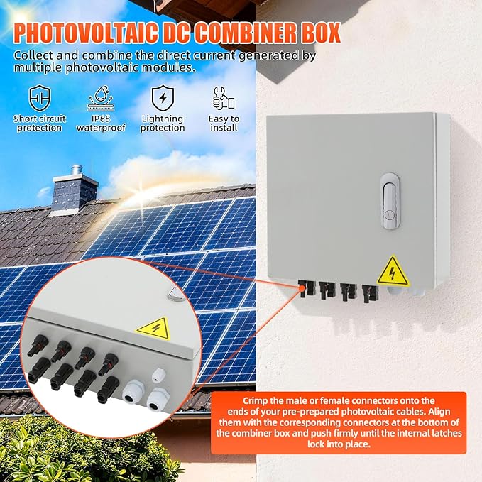 4 String Metal Solar Combiner Box, IP65 Waterproof PV Combiner Box with 20A Rated Current Fuse, 63A Air Circuit Breaker,Lightning Arrester for On/Off Grid Solar Panel System