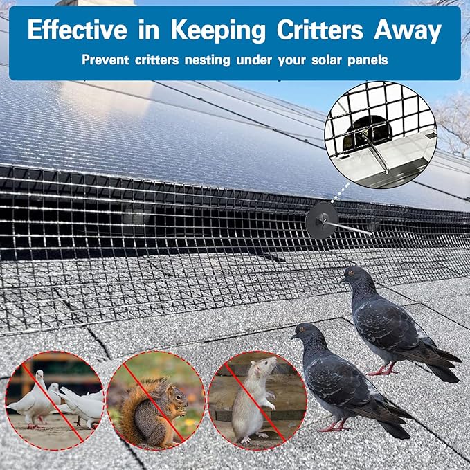Critter Guard for Solar Panels,6in x120ft Solar Panel Bird Guard with 100pcs Fastener Clips(1" 80pcs/1.5" 20pcs), 1/2in Fine Mesh Black PVC Coated Critter Guard with Gloves and Pliers
