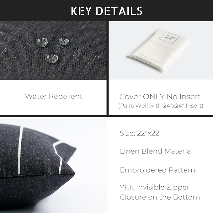 Crumbs Home Modern Farmhouse Fall Linen Indoor Outdoor Throw Pillow Cover Only, 22"x22" Water Repellent for Patio, Backyard, Couch, Black Neutral Vertical Stripes