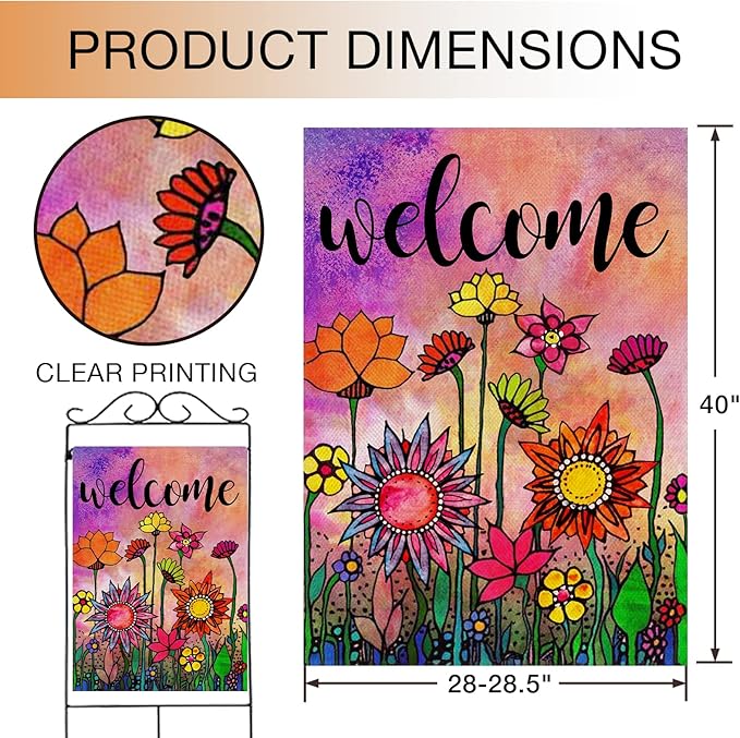 Hzppyz Welcome Spring Summer Watercolor House Flag Double Sided, Flowers Decorative Garden Yard Lawn Outdoor Large Burlap Flag Vintage Sunflower Decor Farmhouse Seasonal Outside Decorations 28 x 40