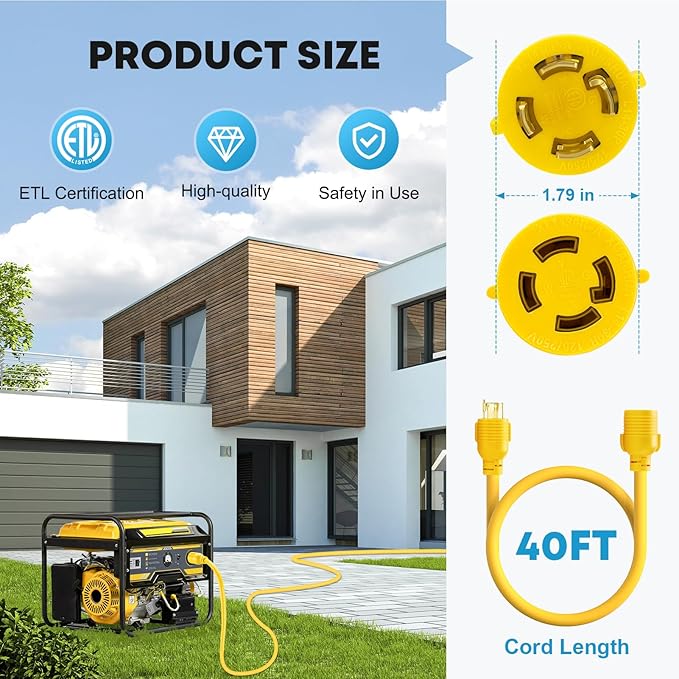Kohree 30 Amp Generator Extension Cord 4 Prong 40FT, NEMA L14-30P/L14-30R, 125/250V 7500W 10 Gauge Heavy Duty L14-30 Generator Power Cord, Twist Lock 30Amp Generator Cord