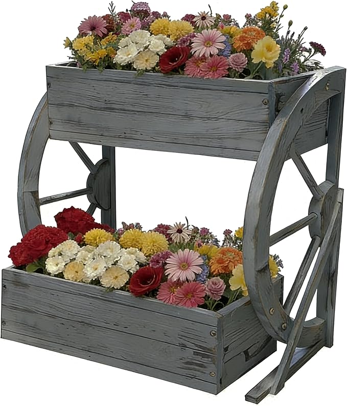 2 Tier Medium Wooden Wagon Planter Box|Outdoor Planter/Flower Pot for Indoor&Outdoor Plants-Rustic Garden Planter for Patio,Porch&Garden Decor-Raised Garden Bed for Succulents,Herbs,Vegetables