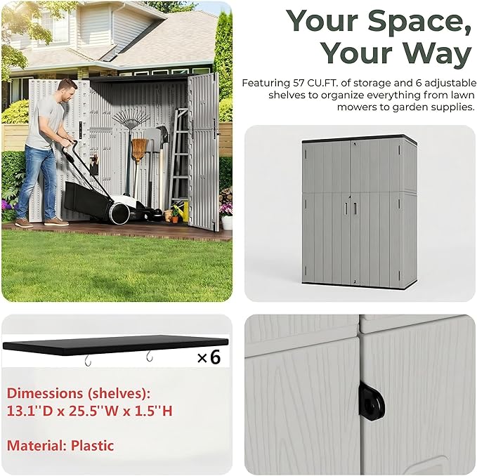 Outdoor Storage Shed 57 Cu.ft with 6 Adjustable Shelves – Weatherproof Resin Storage Cabinet with Floor, Lockable Vertical Shed for Garden Tools, Lawn Mower, Pool Equipment & Organization