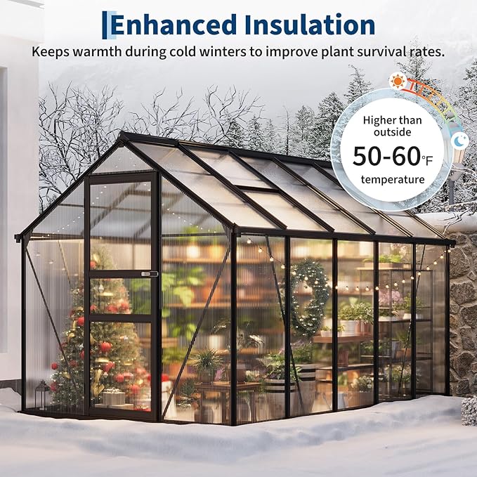 Garvee Greenhouse, 6×10FT Greenhouses for Outside, Walk-in Green House with Ground Nails and Vent Windows, Sliding Lockable Door, Polycarbonate Green House for Outside Garden Backyard, Quick Setup