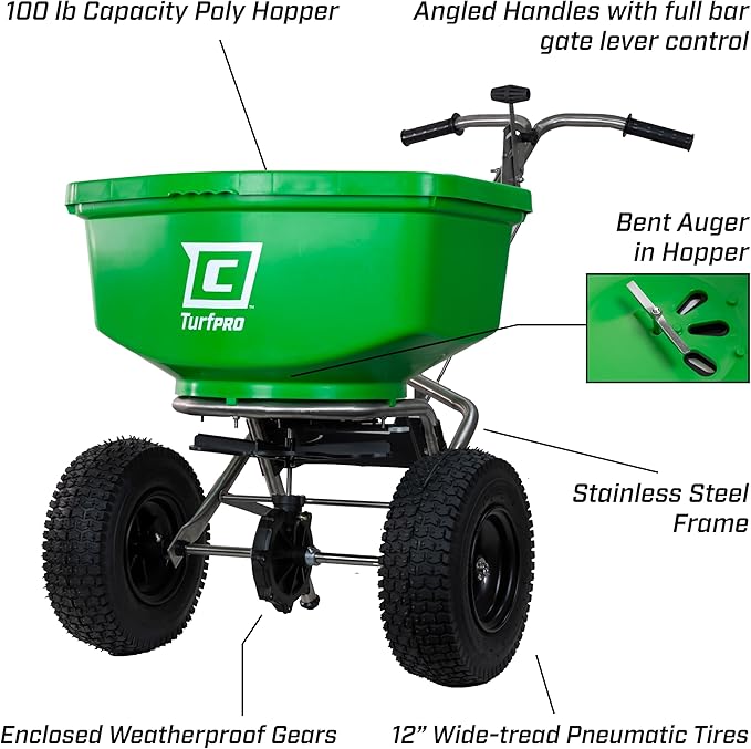 Chapin 89400C Spreader, Lawn and Garden, 100Lbs, Contractor, TurfPro, Stainless Steel, Pull Behind,12" Tires, Weather-Proof, Poly Hopper, Side- Adjust Lever, Spreads Fertilizer and Seeds,
