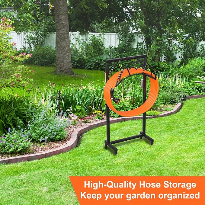 VyGrow Garden Hose Holder, Freestanding Heavy Duty Water Hose Holder for Outside, Upgraded Metal Hose Stand with 4 Spikes, Detachable Garden Hose Storage Hose Reel Rack, Black