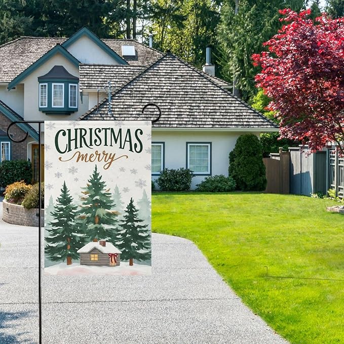 Christmas Tree Snowflake House Flag 28x40 Inch Double Sided Outside Winter Cabin Snow Scene Xmas Seasonal Yard Outdoor Flag Banner for Garden Lawn Patio Holiday Decorations