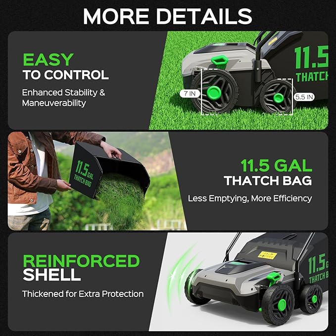 TIECTOWN 14-Inch 13.5 Amp 2-in-1 Electric Dethatcher and Scarifier with 11.5-Gallon Collection Bag, Lawn Dethatcher with 5-Position Depth Adjustment, Blade Replacement Without Tool - Green