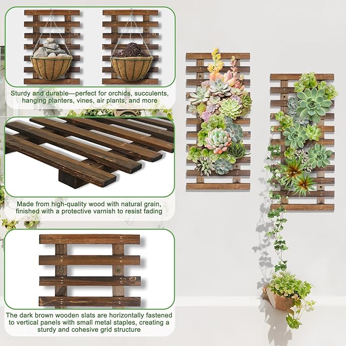 Mulctun 2 Pcs Wall Planters - 11.4"W x 23.62"H Wooden Wall Planters for Indoor Outdoor Plants,Hanging Wood Wall Trellis,Wall Mounted Plant Holder for Orchids,Succulent,Air Plants,Hanging Pots Display