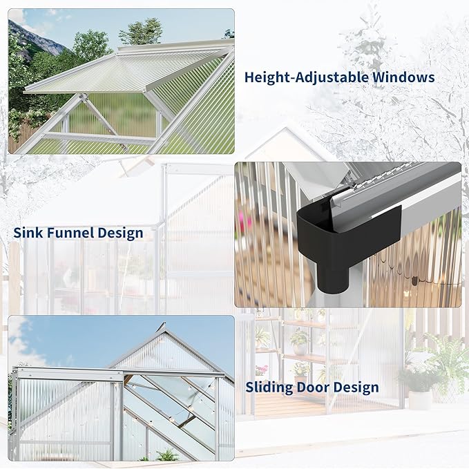 6x8FT Greenhouse for Outdoors, Walk-in Polycarbonate Greenhouse with Sliding Door, Adjustable Roof Vent & Gutter System, Portable Outdoor Green House Kit for Winter Gardening