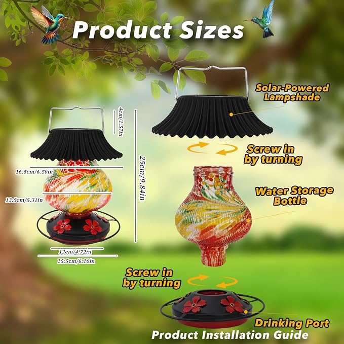 Solar Hummingbird Feeder-5 Feeding Ports with Perch, Hand Blown Glass Red Tree Sea Color Changing-Never Leak, Multicolor Night Lights – Perfect Hummingbird Feeder for Outdoors for Nature Enthusiasts