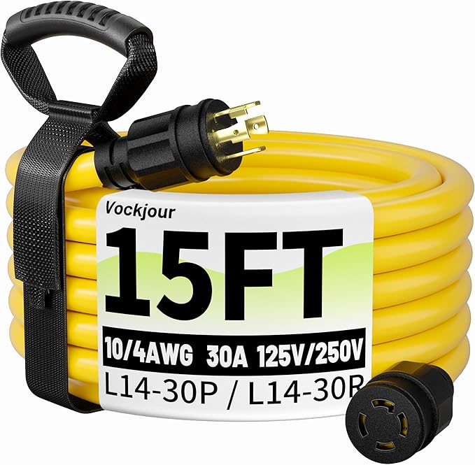 15FT 30 Amp Generator Cord, Outdoor Heavy Duty 4 Prong Extension Cord with Twist Lock, NEMA L14-30P/L14-30R, 30A 125/250V, 10 Gauge, STW, for Home Emergencies, RVs, ETL Listed, Yellow