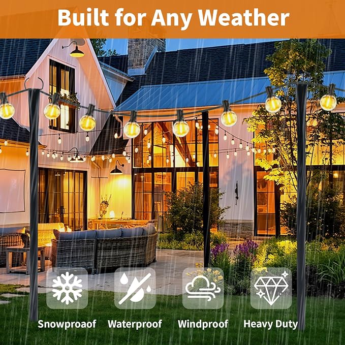 4 Pack 10FT String Light Poles for Outside, Heavy Duty Metal Poles with Fork Base & Hooks, Rustproof Poles for Hanging Lights on Patio, Deck, Backyard, Garden, Wedding, Party