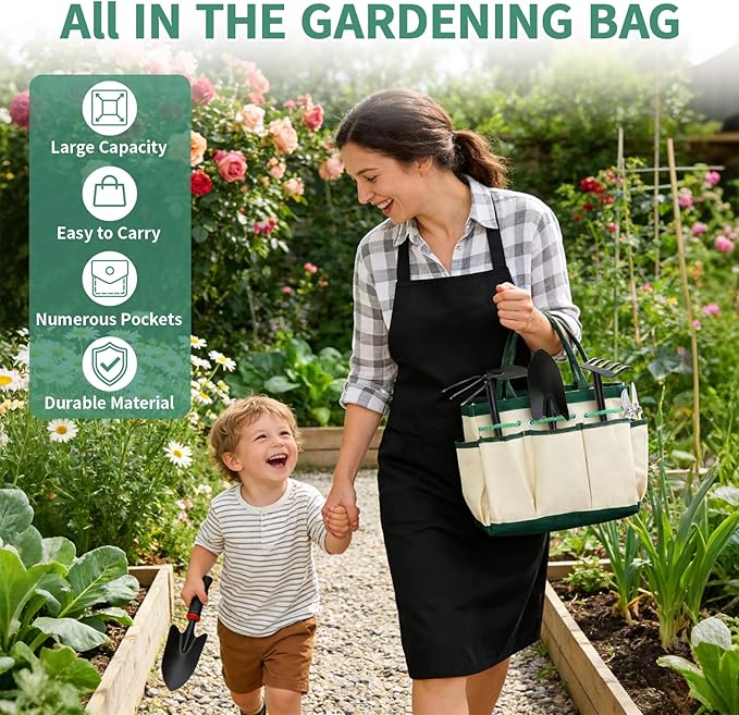 Gardening Tools, Garden Hand Tools for Gardening with Kneeling Pad, Shovel, Pruning Scissors, Repotting Mat, Gloves & Storage Tote Bag, 10Pcs Garden Set Kit Accessories for Women Men