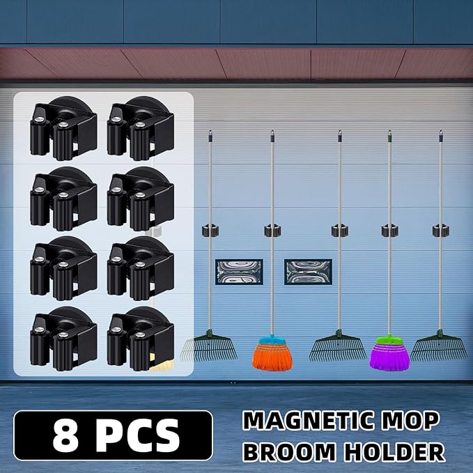 Vercraft 8 Pcs Magnetic Mop Broom Holder Movable Magnetic Broom Holder Rack, Anti Slip Wall Mounted Utility for Cleaning Tools, Garage, Kitchen, Laundry, Garden (Black)