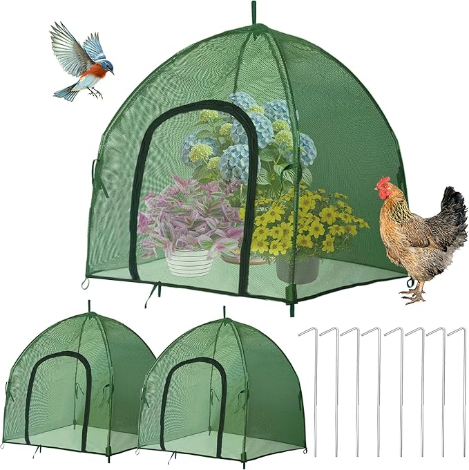 4.3*4.3*3FT Shade Mesh Plant Tent Cover 100 GSM Heavy-Duty Garden Net Cage with Fiberglass Poles & Zipper Door, Multi Sizes with Ground Stakes for Raised Bed Seedling Flower Vegetable Planting