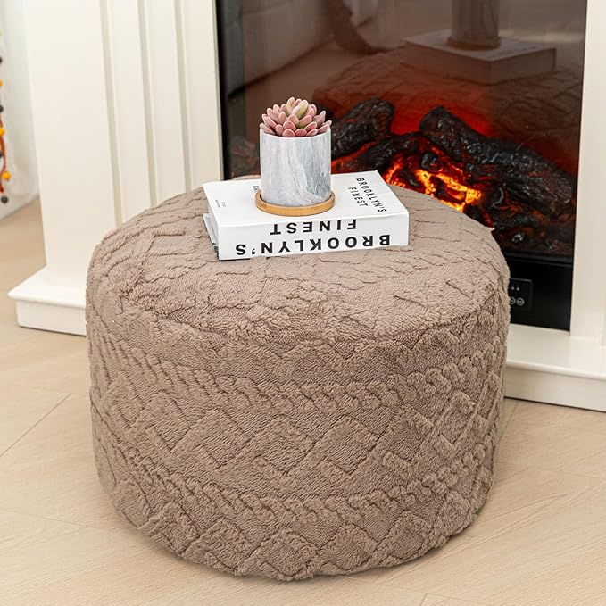 Poofieotto Round Ottoman Stuffed 20x12 Inches Floor Pouf Chair for Living Room Bedroom Modern Foam Pouf Ottoman Foot Rest for Couch Home Décor Pouffe (Light Coffee Pouf with Filler)