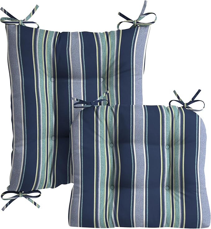Arden Plush Indoor/Outdoor Rocking Chair Cushion Set, 18 x 20, Water Repellent, Fade Resistant, Tufted Cushion for Rocking Chairs Sapphire Aurora Blue Stripe