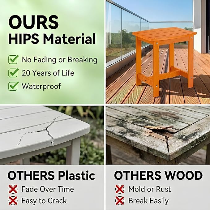 Y&M Outdoor Side Table, HIPS Adirondack Small Single Table, Waterproof Square Outside Table, Balcony Modern End Tables for Patio, Pool, Beach, Porch, Deck, Indoor or Outdoor Use, Orange