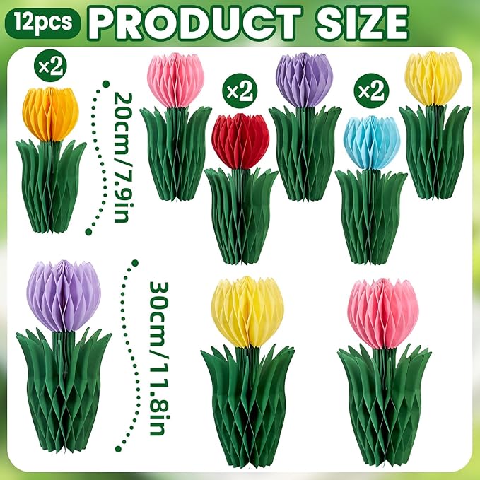 OBBOLO 12 Pcs Tulip Honeycomb Decorations, Spring Decorations for Office, Spring Table Decor, Tulip Party Decorations, Spring Centerpieces for Tables for Mothers Day Spring Party, Womens Day