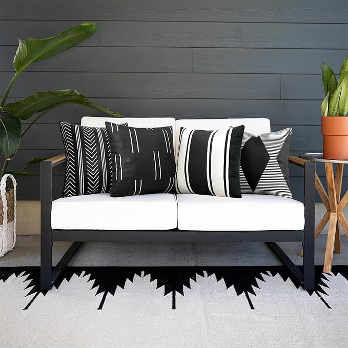 Adabana Outdoor Waterproof Pillow Covers 16x16 Inch Set of 4 Black and White Modern Geometric Throw Pillows Cover Decorative Boho Pillow Covers for Patio Garden Porch