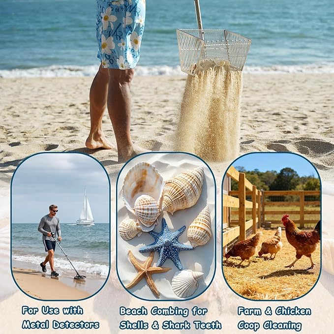 Sand Flea Rake for Beach：Metal Detachable Sand Sifter with 70in Handle,Portable Shark Tooth Sifter,Sturdy Beach Shovel for Shell,Flea,Suitable for Beach Camping,Parent-Child Activities