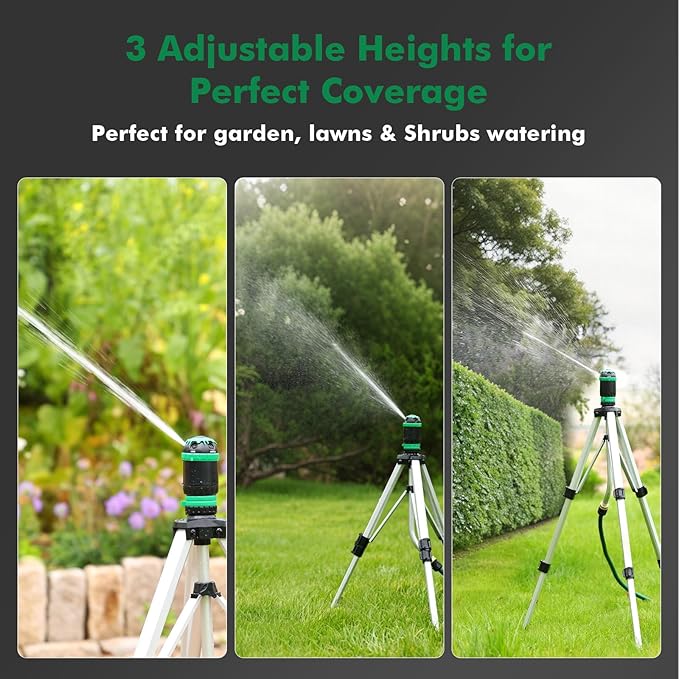 RESTMO Gear Drive Sprinkler with Tripod Base, 5-Pattern Multi-Adjustable Lawn Sprinklers for Yard, Heavy Duty Watering System for Garden Plant, Flower Bed and Large Area Watering